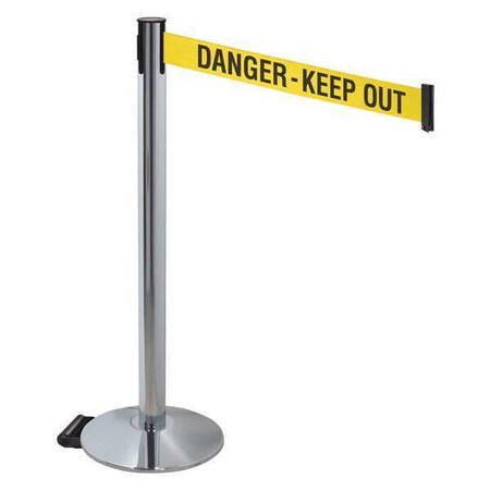 Retracta-Belt Barrier Post with Belt, Gray, 10 ft Length, 40 in Post Height, Danger Keep Out, Polished chrome 334PAPC-DKO