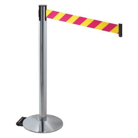 Retracta-Belt Barrier Post with Belt, Gray, 10 ft Length, 40 in Post Height, No Legend, Polished chrome 334PAPC-MYD