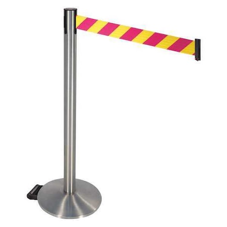 Retracta-Belt Barrier Post with Belt, Silver, 10 ft Length, 40 in Post Height, No Legend, Stainless steel 334SS-MYD