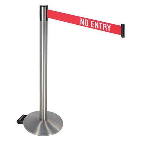 Retracta-Belt Barrier Post with Belt, Silver, 10 ft Length, 40 in Post Height, No Entry, Stainless steel 334SS-NE