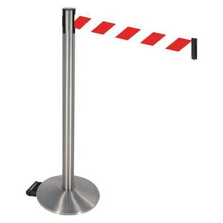 Retracta-Belt Barrier Post with Belt, Silver, 10 ft Length, 40 in Post Height, No Legend, Stainless steel 334SS-RWD