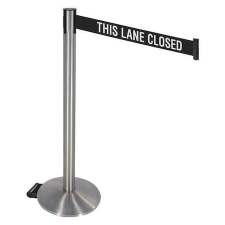 Retracta-Belt Barrier Post with Belt, Silver, 10 ft Length, 40 in Post Height, This Lane Closed, Stainless steel 334SS-TLC