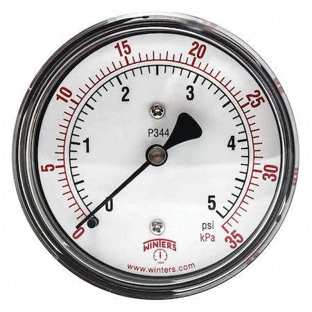 Winters Low Pressure Gauge, 0 to 5 psi, 2 1/2 in Dial, 1/4 in NPT, Center Back Location, Steel Case Material PLP344