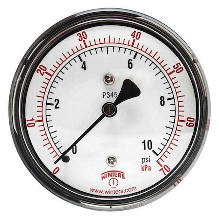 Winters Low Pressure Gauge, 0 to 10 psi, 2 1/2 in Dial, 1/4 in NPT, Center Back Location PLP345