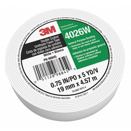 3M Double-Sided Foam Tape, 3/4 in W, 5 yd L, 1/16 in, Polyurethane Foam, Double-Sided 4026