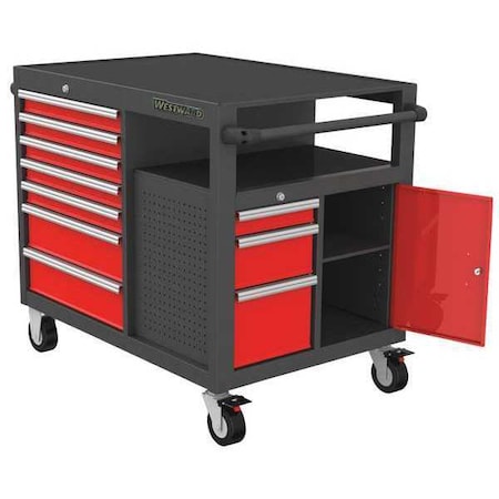 Westward WESTWARD Rolling Tool Cabinet, 10-Drawers, Matte Gray & Red, 51" W x 29" D x 40" H 48ZF02