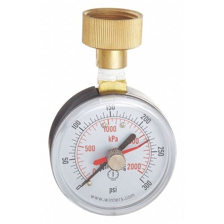 Winters Maximum Pointer Water Gauge, 0 to 300 psi, 2 1/2 in Dial, 3/4 in NPT, Top Location PETM217