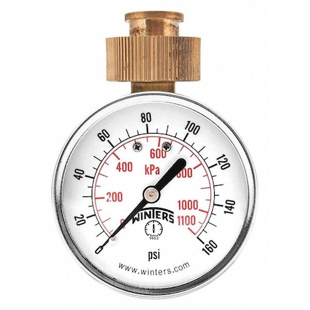 Winters Maximum Pointer Water Gauge, 0 to 160 psi, 2 1/2 in Dial, 3/4 in Swivel Hose, Top Location PETW213