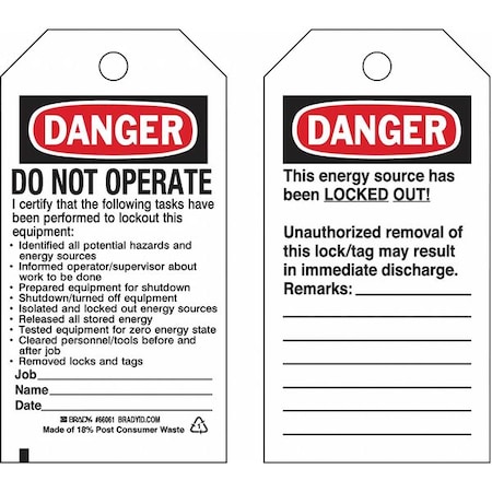 Brady Lockout Tag, Danger, Paper, 3 in Width, 5 3/4 in Height, Write On Surface: Yes , 25 PK 133491
