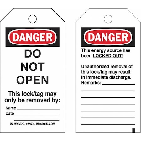 Brady Lockout Tag, Danger, Polyester, 3 in Width, 5 3/4 in Height, Write On Surface: Yes 133558