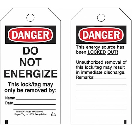 Brady Lockout Tag, Danger, Polyester, 3 in Width, 5 3/4 in Height, Write On Surface: Yes 133561