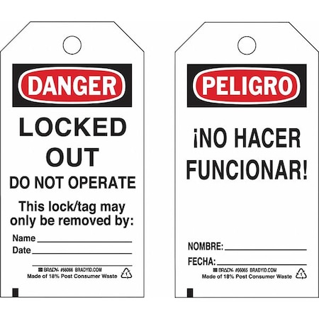 Brady Lockout Tag, Danger/Peligro, Polyester, 3 in Width, 5 3/4 in Height, Write On Surface: Yes 133493