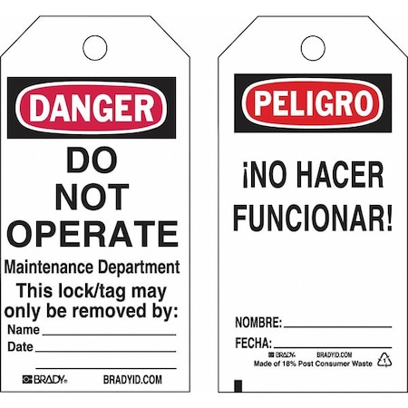 Brady Lockout Tag, Danger/Peligro, Paper, 3 in Width, 5 3/4 in Height, Write On Surface: Yes 133547
