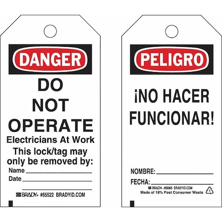 Brady Lockout Tag, Danger/Peligro, Paper, 3 in Width, 5 3/4 in Height, Write On Surface: Yes 133550