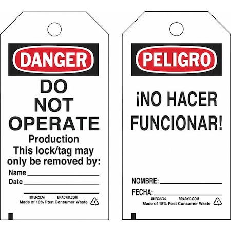 Brady Lockout Tag, Danger/Peligro, Polyester, 3 in Width, 5 3/4 in Height, Write On Surface: Yes 133553