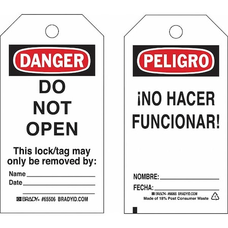 Brady Lockout Tag, Danger/Peligro, Polyester, 3 in Width, 5 3/4 in Height, Write On Surface: Yes , 25 PK 133559