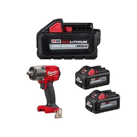 Milwaukee Tool M18 FUEL 1/2" Mid-Torque Impact Wrench w/ Friction Ring + M18 XC6.0 Batteries (3 Pk) 48-11-1865, 2962-20, 48-11-1862