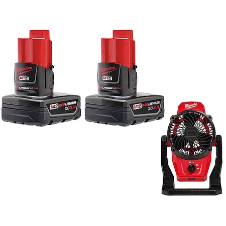 Milwaukee Tool M12 XC Battery 2PK  + M12 Mounting Fan 48-11-2412, 0820-20