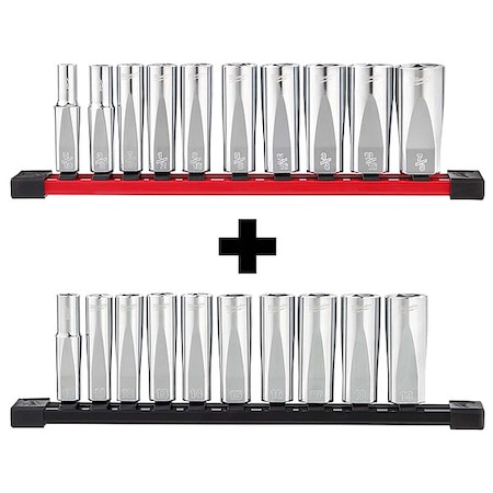 Milwaukee Tool 3/8" Deep Well Sockets with FOUR FLAT Sides Combo Pack (10pc SAE + 10pc Metric) 48-22-9405,48-22-9505