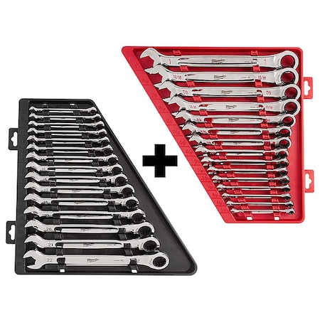 Milwaukee Tool 15pc Ratcheting Combination Wrench Set, SAE + 15pc Ratcheting Combination Wrench Set, Metric 48-22-9416, 48-22-9516