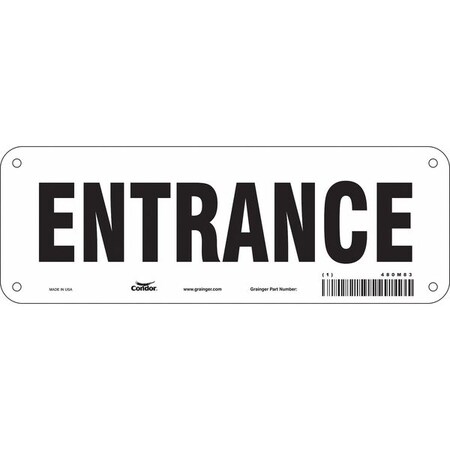 Condor Safety Sign, Aluminum, 10 in W, 3 1/2 in H, ENTRANCE, White 480M83