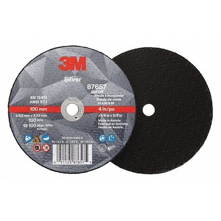 3M Abrasive Cut-Off Wheel, Type 1, 4 in Dia, 0.125 in Thick, 3/8 in Arbor Hole Size, Ceramic, 36 Grit 87657