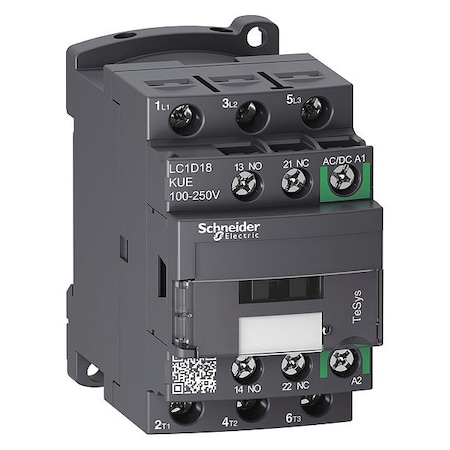 Schneider Electric IEC Magnetic Contactor, 1NC/1NO, 100V-250V AC/DC, 3 P, Non-Reversing, Screw Clamp LC1D18KUE
