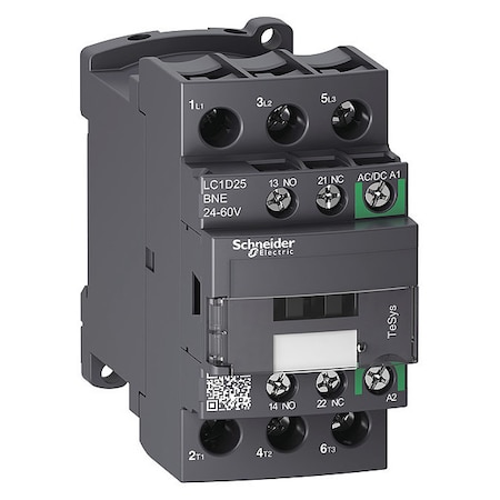 Schneider Electric IEC Magnetic Contactor, 1NC/1NO, 24V-60V AC/DC, 3 P, Non-Reversing, Screw Clamp LC1D25BNE