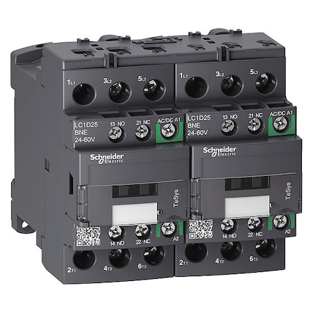 Schneider Electric IEC Magnetic Contactor, 1NC/1NO, 24V-60V AC/DC, 3 P, Reversing, Screw Clamp LC2D25BNE
