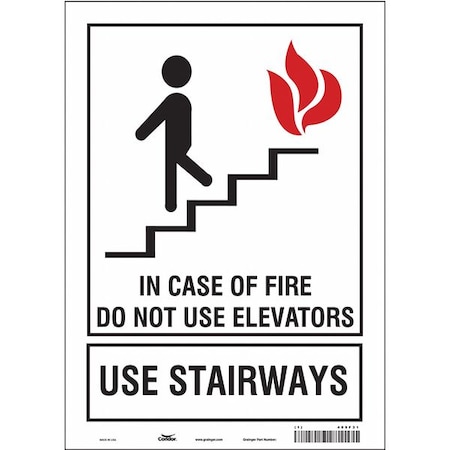 Condor Safety Sign, Vinyl, 10 in W, 14 in H, IN CASE OF FIRE DO NOT USE ELEVATORS USE STAIRWAYS, White 485F31