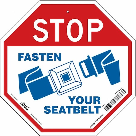 Condor Stop Fasten Seatbelt Sign, 18" W, 18" H, Aluminum, Red, White 485K53