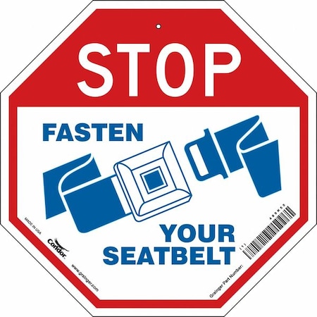 Condor Stop Fasten Seatbelt Sign, 18" W, 18" H, Plastic, Red, White 485K55