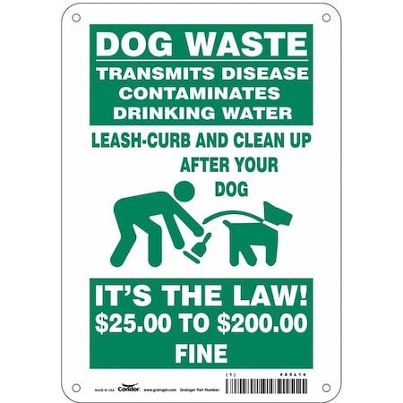 Condor Dog Waste Transmits Disease.Clean Up After Your Dog, 7 in W x 10 in H, Aluminum, 485L14 485L14