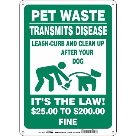 Condor PET WASTE TRANSMITS DISEASE.CLEAN UP AFTER YOUR DOG, 14 in H x 10 in W, Aluminum, 485L24 485L24