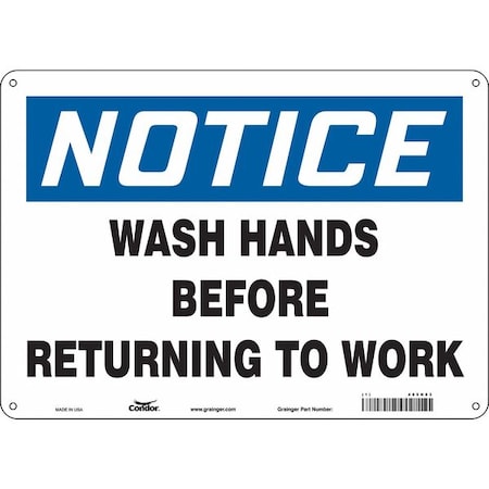 Condor Notice, WASH HANDS BEFORE RETURNING TO WORK, 14 in W x 10 in H, Polyethylene, 485N83 485N83