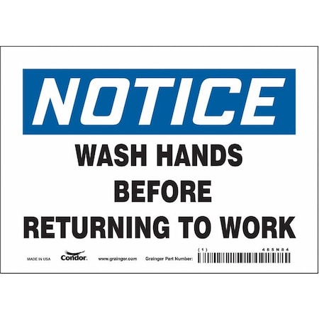 Condor Notice, WASH HANDS BEFORE RETURNING TO WORK, 7 in W x 5 in H, Horizontal Rectangle, Vinyl, 485N84 485N84