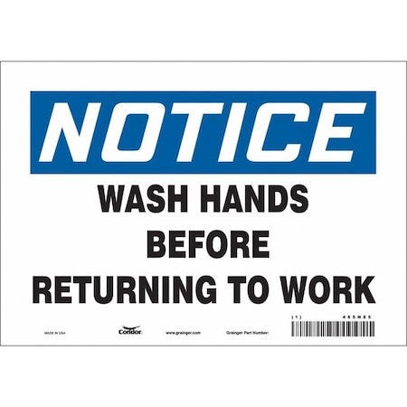 Condor Notice, WASH HANDS BEFORE RETURNING TO WORK, 10 in W x 7 in H, Vertical Rectangle, Vinyl, 485N85 485N85