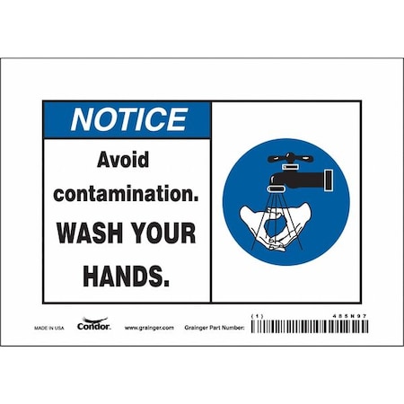 Condor Notice, AVOID CONTAMINATION. WASH YOUR HANDS., 7 in W x 5 in H, Horizontal Rectangle, Vinyl, 485N97 485N97