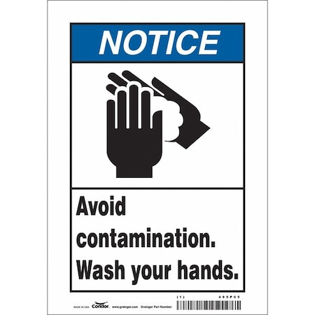Condor AVOID CONTAMINATION. WASH YOUR HANDS., 7 in W x 10 in H, Horizontal Rectangle, Vinyl, 485P05 485P05