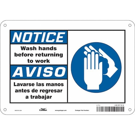 Condor Notice, WASH HANDS BEFORE RETURNING TO WORK, Spanish-Bilingual, 10 in W x 7 in H, 485P09 485P09