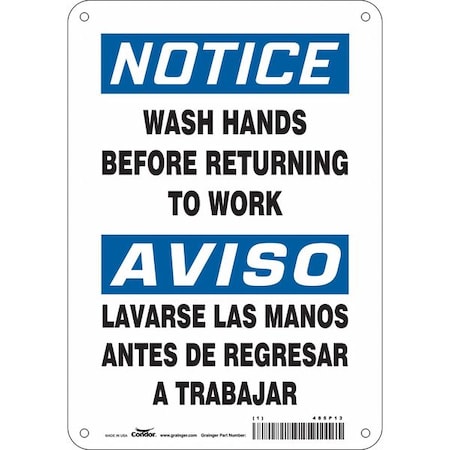 Condor Notice, WASH HANDS BEFORE RETURNING TO WORK, Spanish-Bilingual, 10 in H x 7 in W, Aluminum, 485P13 485P13