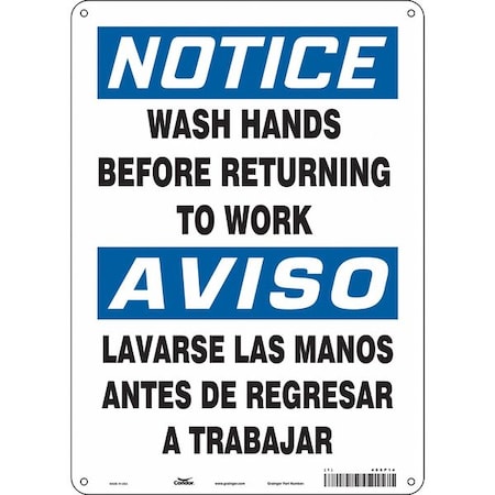 Condor Notice, WASH HANDS BEFORE RETURNING TO WORK, Spanish-Bilingual, 14 in H x 10 in W, Aluminum, 485P14 485P14