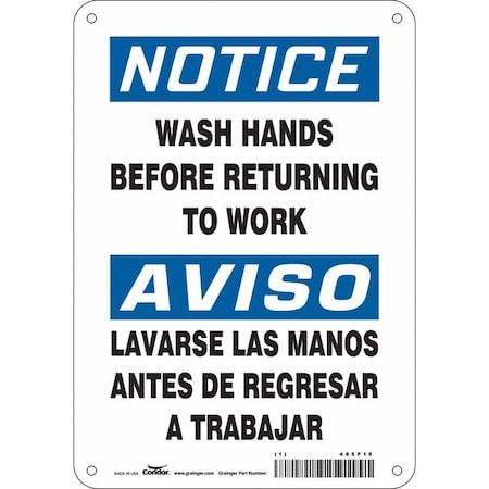Condor Notice, WASH HANDS BEFORE RETURNING TO WORK, Spanish-Bilingual, 7 in W x 10 in H, 485P16 485P16