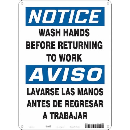 Condor WASH HANDS BEFORE RETURNING TO WORK, Spanish-Bilingual, 14 in H x 10 in W, Polyethylene, 485P17 485P17