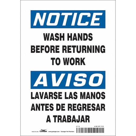 Condor Notice, WASH HANDS BEFORE RETURNING TO WORK, Spanish-Bilingual, 10 in H x 7 in W, Vinyl, 485P18 485P18