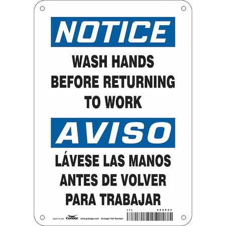 Condor Notice, WASH HANDS BEFORE RETURNING TO WORK, Spanish-Bilingual, 10 in H x 7 in W, Aluminum, 485P20 485P20