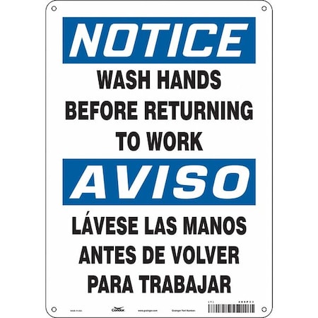Condor WASH HANDS BEFORE RETURNING TO WORK, Spanish-Bilingual, 14 in H x 10 in W, Polyethylene, 485P23 485P23