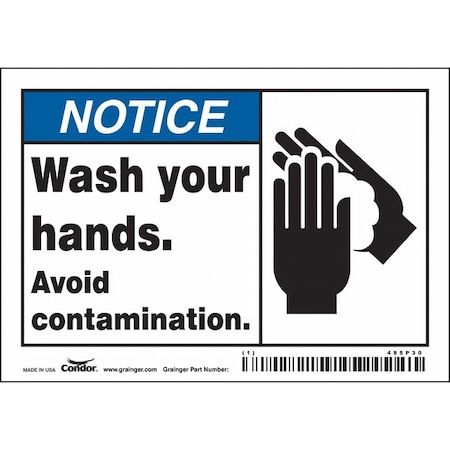 Condor WASH YOUR HANDS. AVOID CONTAMINATION., 5 in W x 3 1/2 in H, Horizontal Rectangle, Vinyl, 485P30 485P30
