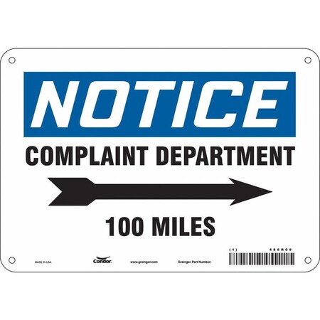 Condor Notice, COMPLAINT DEPARTMENT 100 MILES, 10 in W x 7 in H, Vertical Rectangle, Aluminum, 486R09 486R09