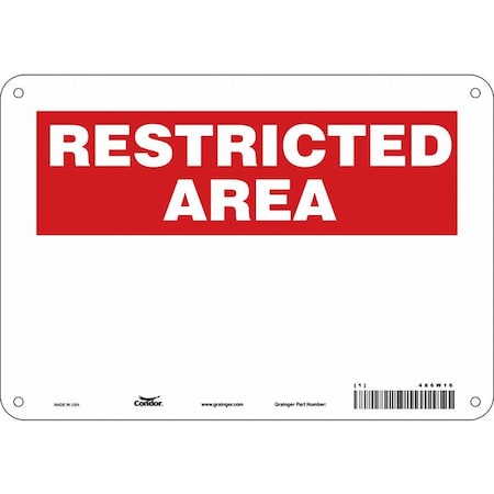 Condor Restricted Area Sign, 10" W, 7" H, English, Aluminum, White 486W16